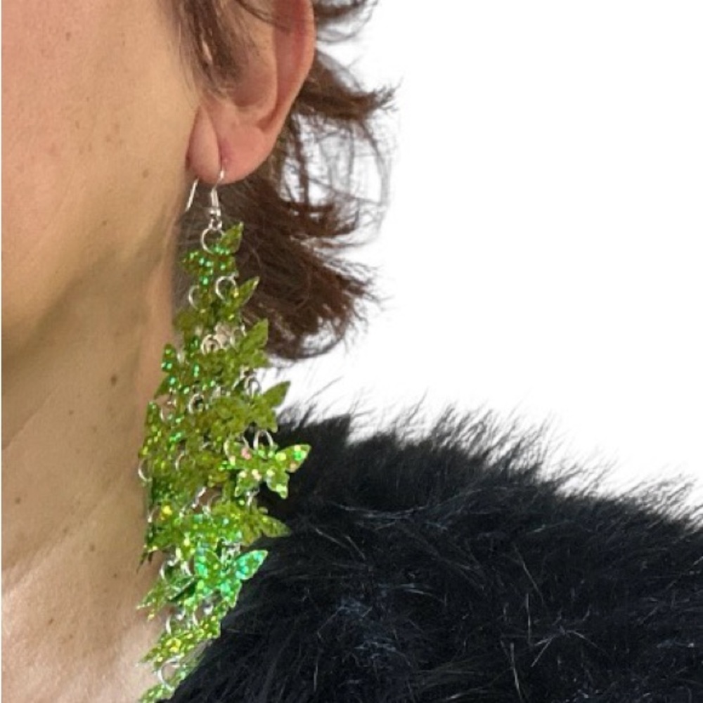 Fashion Jewelry Green Butterfly Tassel Long Drop Dangle Metallic Earrings